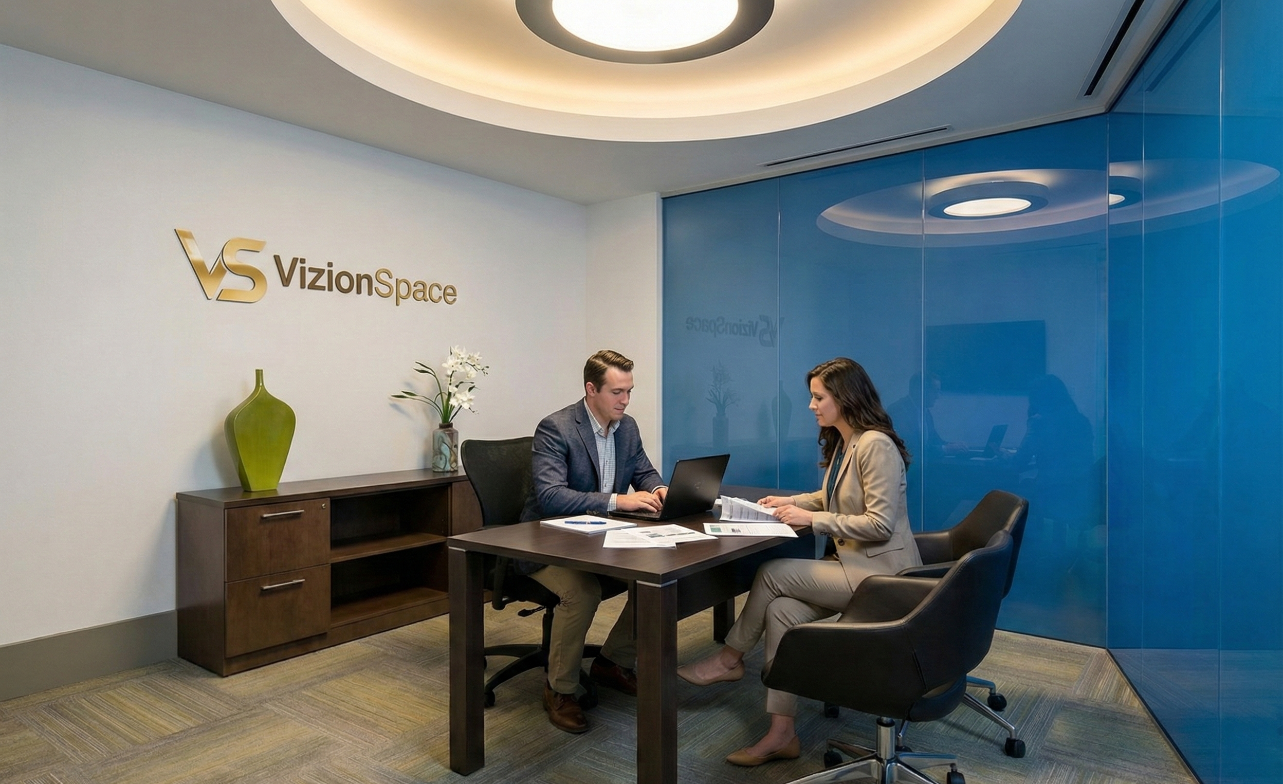 Vizion Space employee meeting with a client